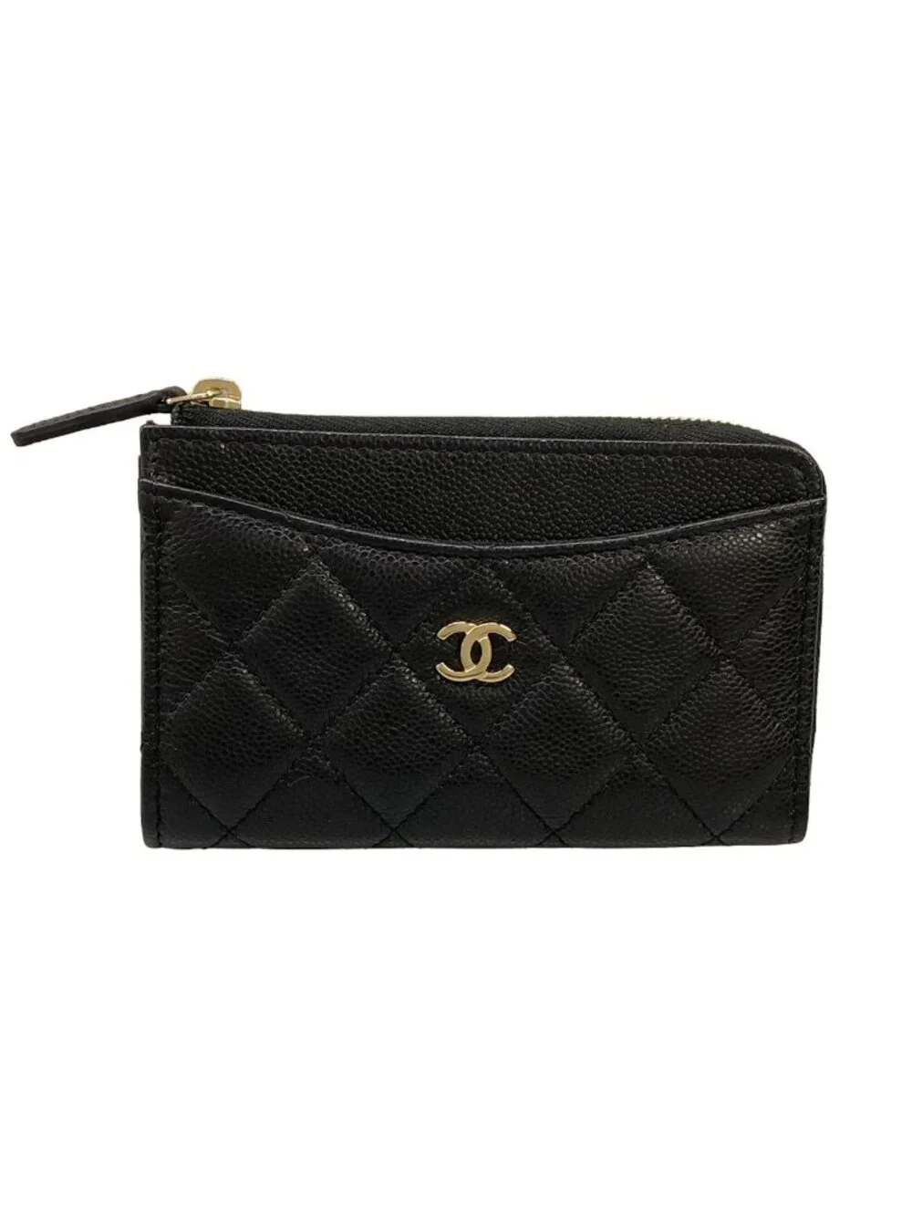 Chanel Coin Purse Classic Zip Card Case Quilted Black Gold CC Logo L-shaped